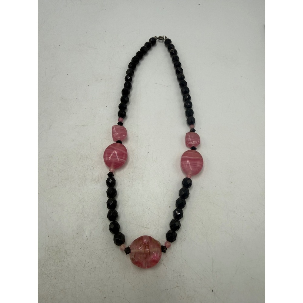 Vintage Black Faceted Beaded Necklace Pink Swirled Glass Accents 20 Inch